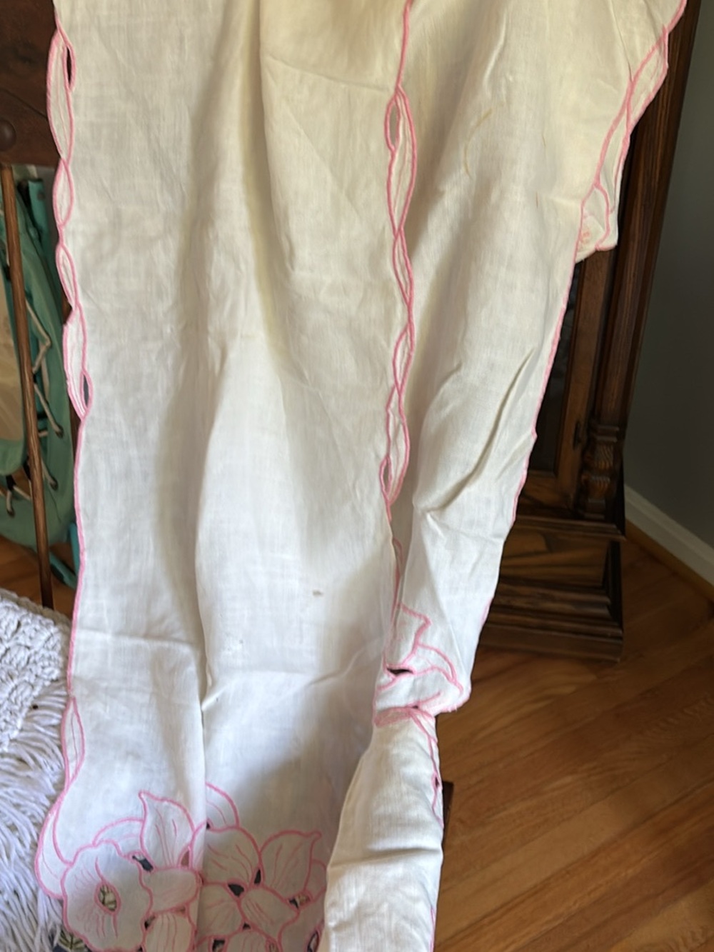 White Linen-Look Dress with Pink Embroidered Trim